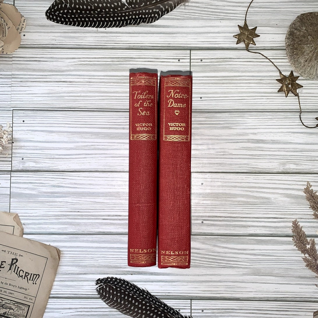 Vintage Victor Hugo Books Notre-Dame, Toilers of the Sea Small Red Binding Books