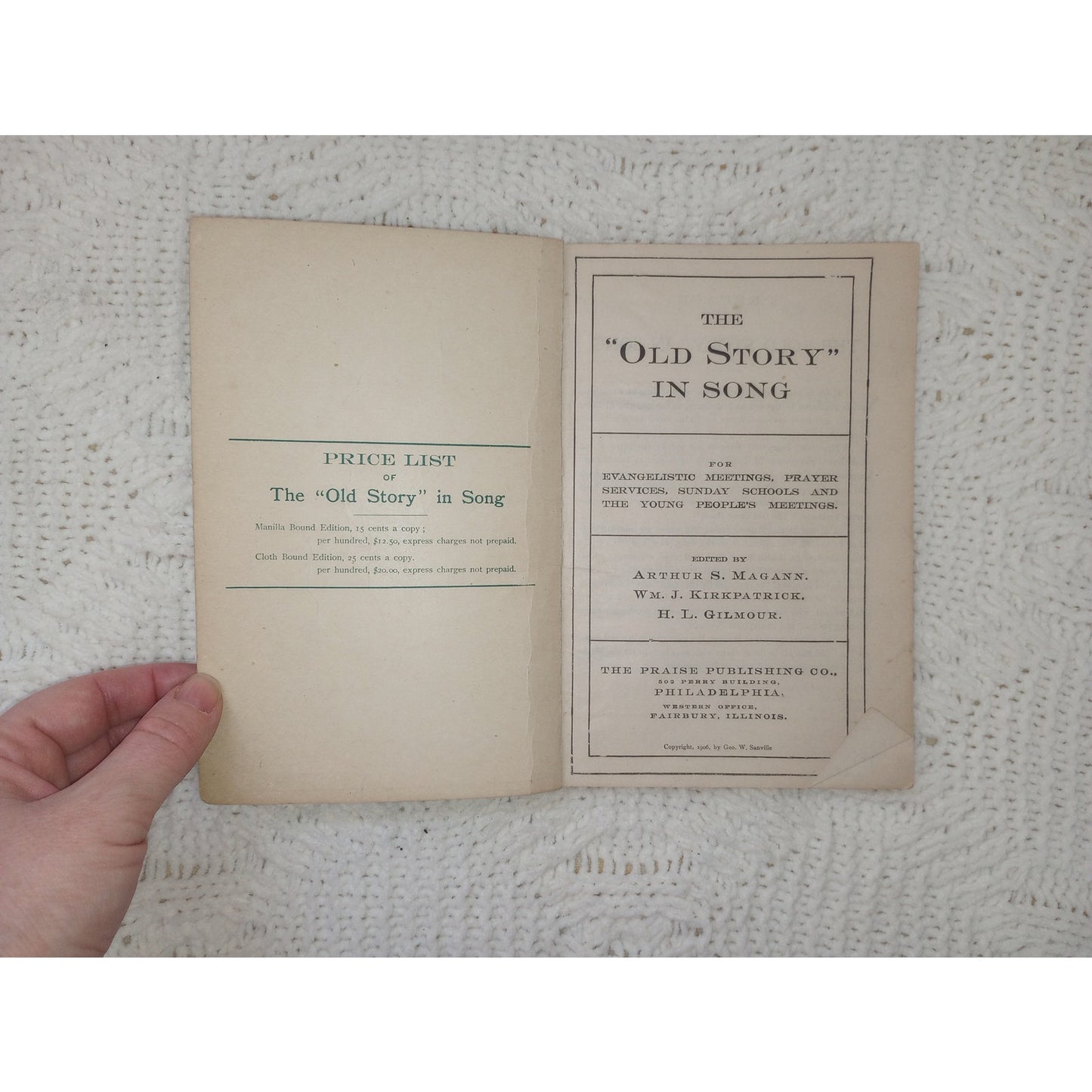 The Old Story in Song For Evangelistic Meetings Prayer Services 1906 Hymnal Book