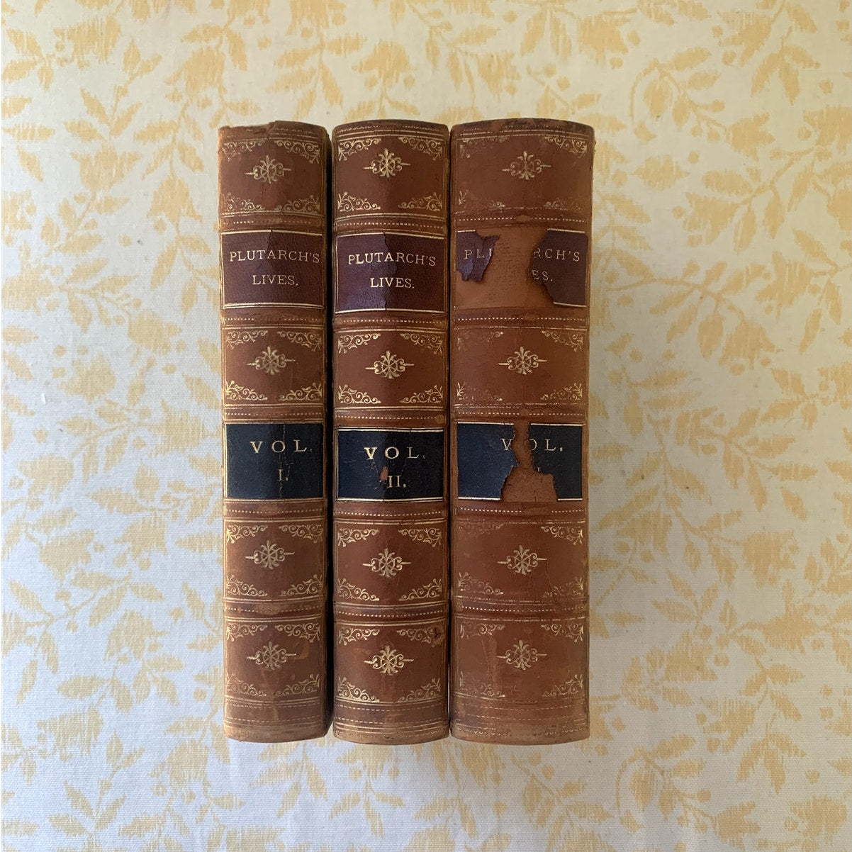 Plutarch's Lives In Three Volumes Complete Leather Bindings Antique Hardcover