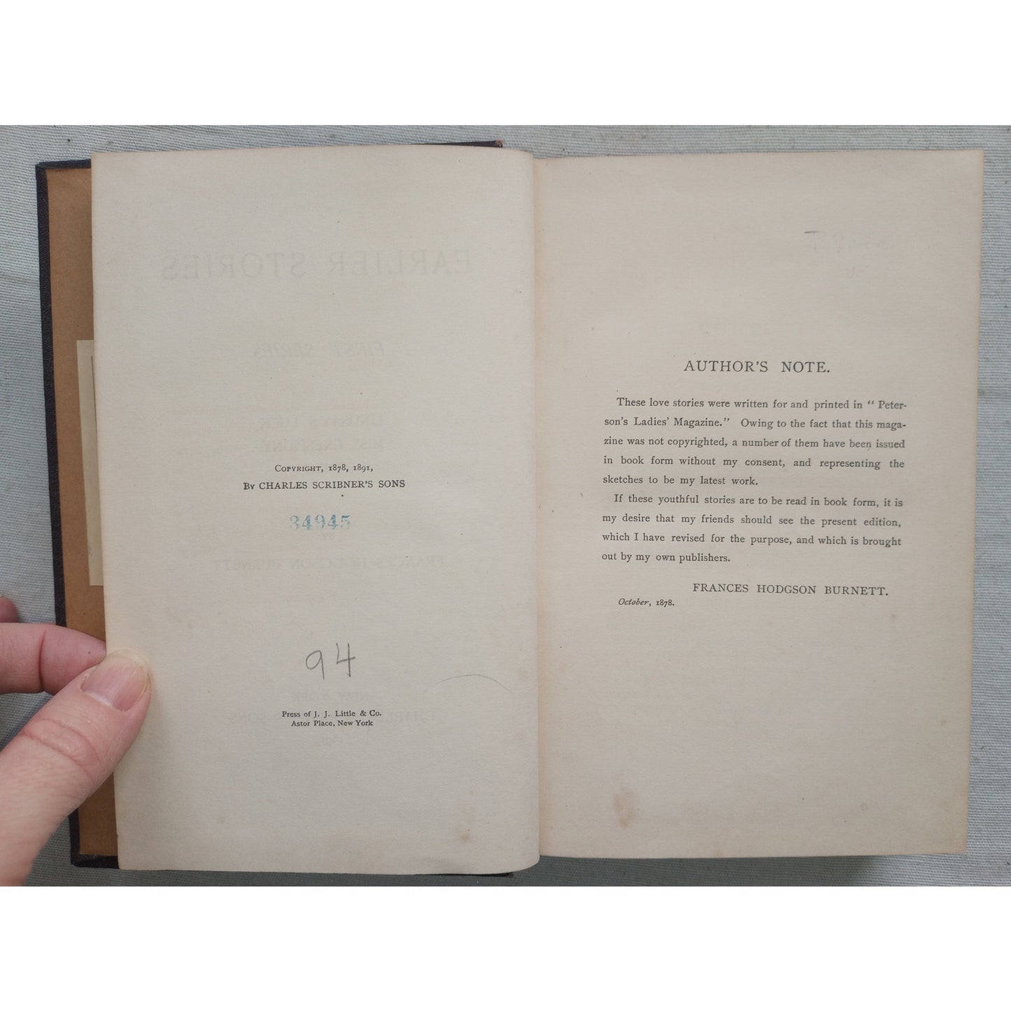 EARLIER STORIES LINDSAY'S LUCK THEO [FRANCES HODGSON BURNETT, 1891]