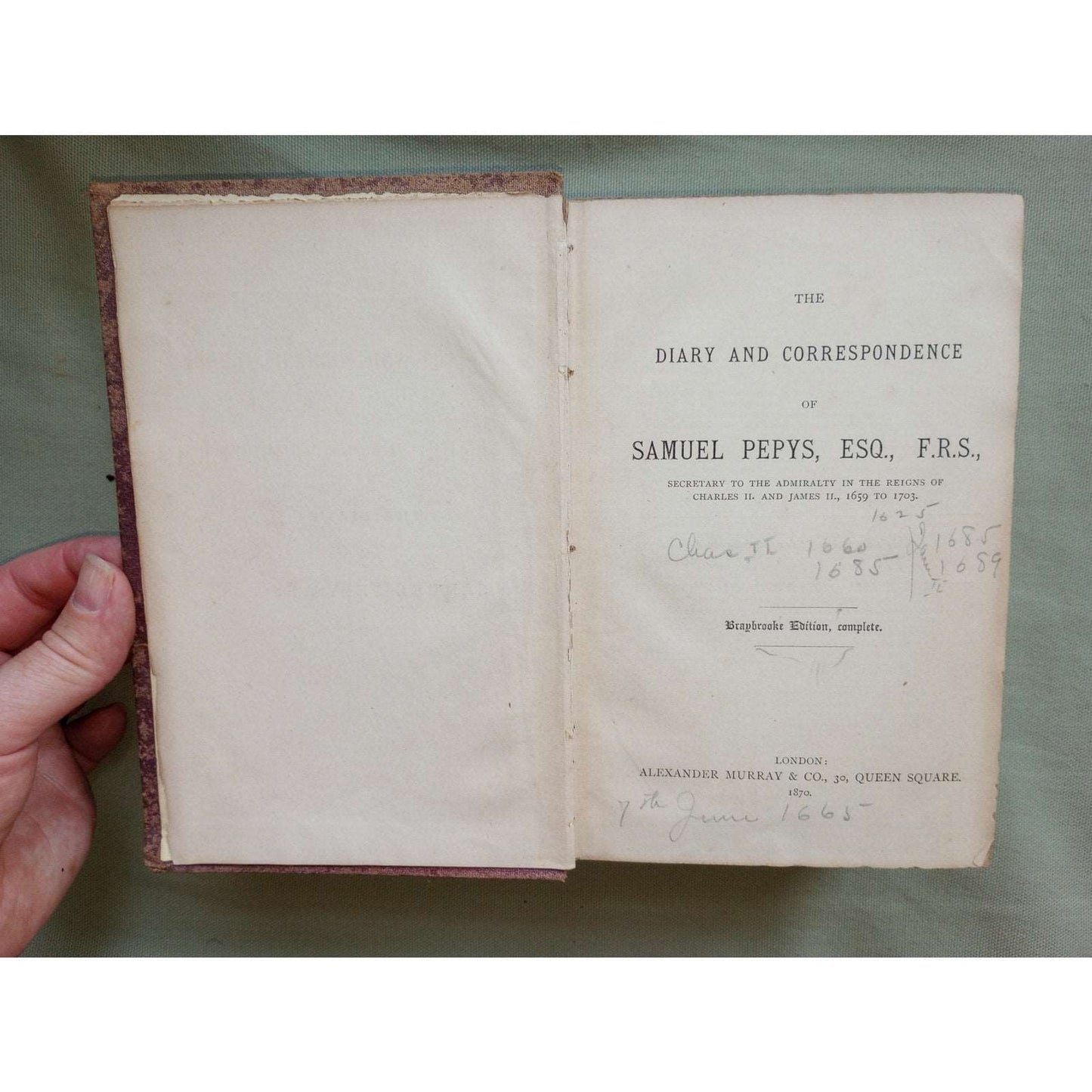 Diary And Correspondence Samuel Pepys Antique 1870 London Braybrooke Edition