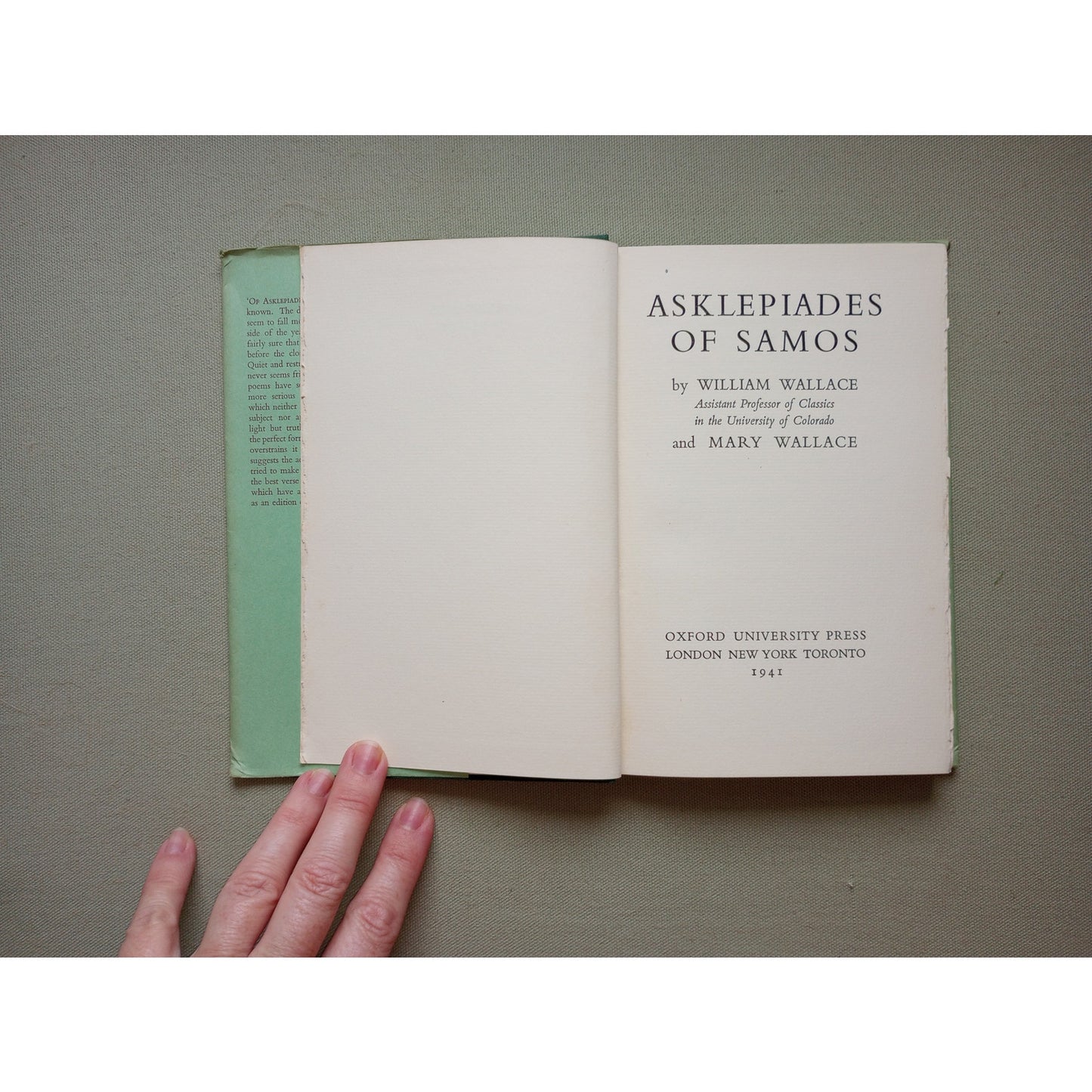 Asclepiades Of Samos William/Mary Wallace 1941 1st Edition Greek Lyric Poetry