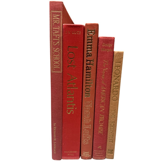 Vintage Red Tan Gold Hardcover Old Books Staging Decor Home Office BnB Lot of 5